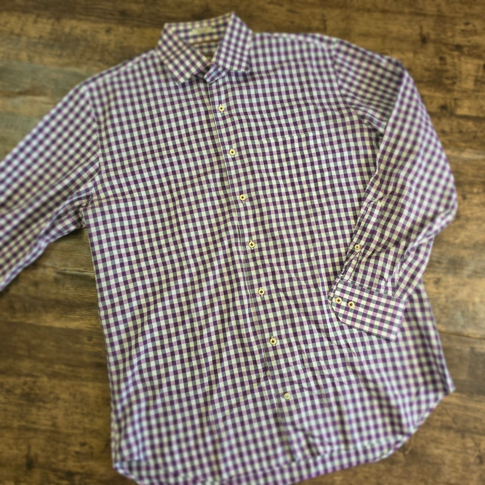 PETER MILLAR Button Down Shirt Mens 16.5 Purple Gingham Check Long Sleeve Cotton
